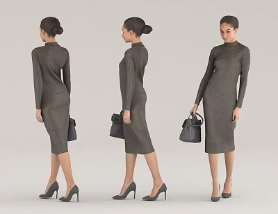 Woman Wearing Dark Long Sleeve Fitted Dress with Handbag and High Heels 3d model