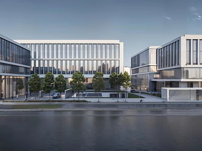 Modern Industrial Plant Exterior Design With Glass Curtain Walls Steel Frames And Landscaping Areas 3d model