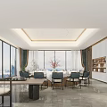 Luxurious Private Dining Room With Large Windows City View And Elegant Dining Setup 3d model