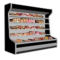 Commercial Refrigerated Display Shelving Unit with Multiple Shelves and Assorted Food Products