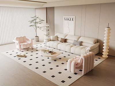 Modern Living Room Sofa And Coffee Table Set With Pink Armchairs Black White Patterned Rug 3d model