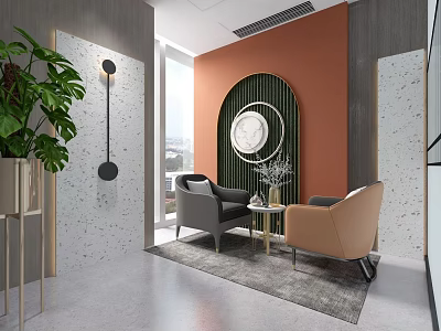 Elegant Modern Office Interior Design With Armchairs Coffee Table Green Plants And Round Wall Clock 3d model