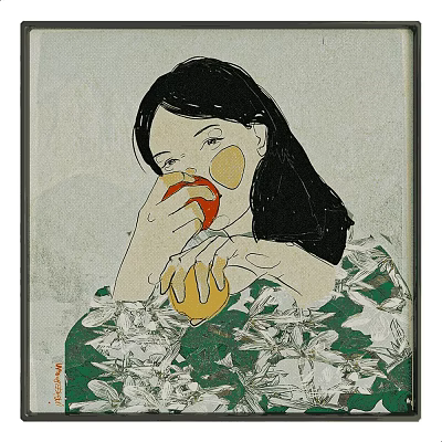 Portrait Painting Of Woman With Black Hair Holding Red Apple In Green White Floral Dress 3d model