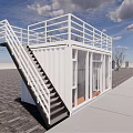 White Container Building With Top Railing Staircase Glass Doors And Wooden Floor