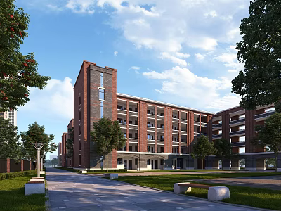 Red Brick Multi Story School Building Exterior With Trees Lawn Walkway And Benches 3d model