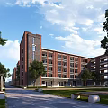 Red Brick Multi Story School Building Exterior With Trees Lawn Walkway And Benches