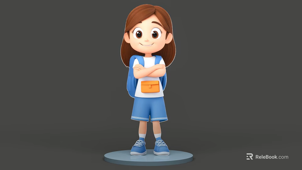 Cartoon Girl With Brown Long Hair Blue Backpack And Blue Shorts Standing On Gray Base 3d model 