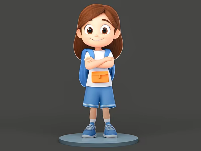 Cartoon Girl With Brown Long Hair Blue Backpack And Blue Shorts Standing On Gray Base 3d model