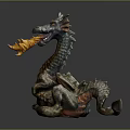 Game Movie Character Dragon Sitting With Horned Head Long Neck Flame And Scaled Body
