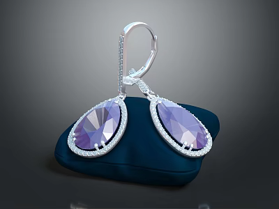 Elegant Purple Gemstone Earrings With Silver Frame And Velvet Base 3d model