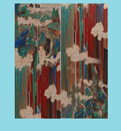 Traditional Chinese Screen Painting With Colorful Mountain Cloud Patterns And Artistic Design 3d model
