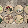 Round Vegetable Themed Wall Decor with Chinese Characters on Rustic Textured Wall 3d model