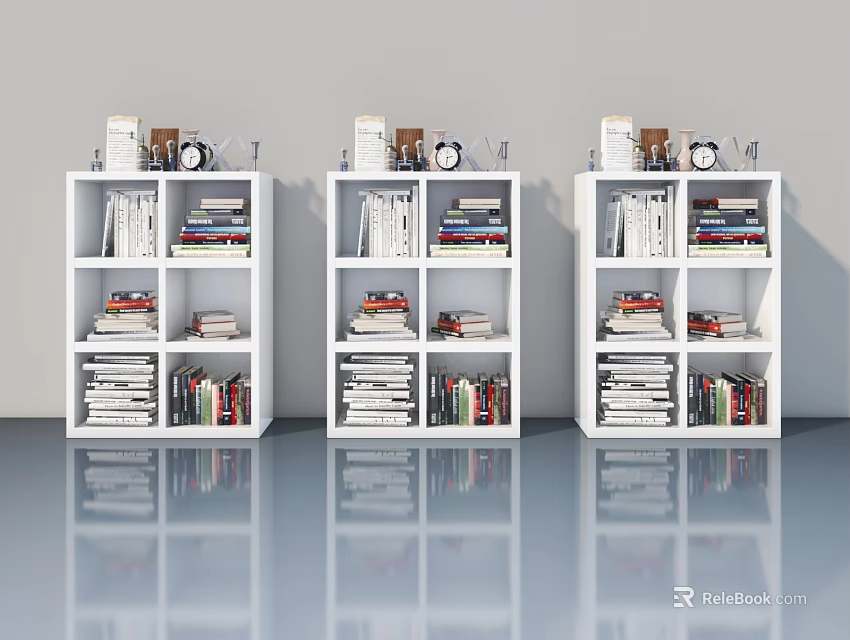 Flush Doors On White Bookcases With Multiple Shelves Books Clock And Decorations 3d model 