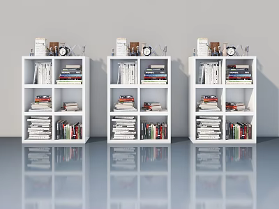 Flush Doors On White Bookcases With Multiple Shelves Books Clock And Decorations 3d model