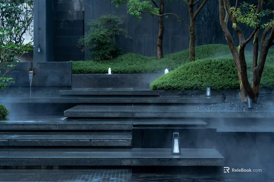 Tranquil Residential Landscape With Black Stone Steps Mist Green Shrubs Trees And White Lights 3d model 