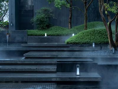 Tranquil Residential Landscape With Black Stone Steps Mist Green Shrubs Trees And White Lights 3d model