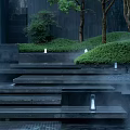 Tranquil Residential Landscape With Black Stone Steps Mist Green Shrubs Trees And White Lights