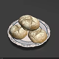Three Golden Crust Bread Rolls Served On Blue And White Patterned Plate 3d model