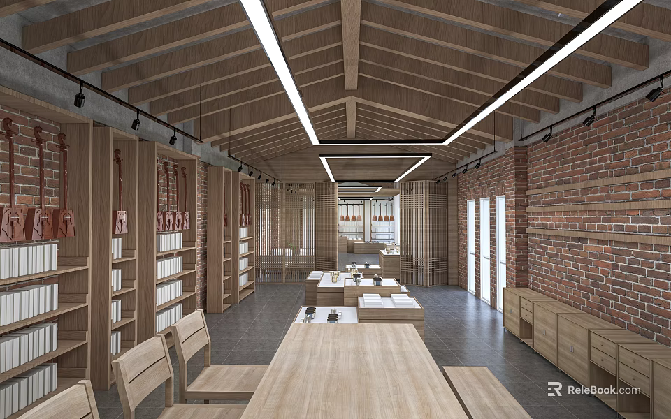 Cozy Indoor Space Featuring Wooden Ceiling Brick Walls Long Tables And Bookshelves 3d model 