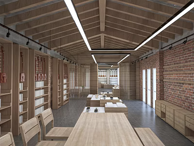 Cozy Indoor Space Featuring Wooden Ceiling Brick Walls Long Tables And Bookshelves 3d model