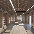Cozy Indoor Space Featuring Wooden Ceiling Brick Walls Long Tables And Bookshelves