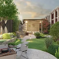 Stunning Courtyard Garden Featuring Lawn Stone Pathway Patio Seating Pergola And Outdoor Lighting