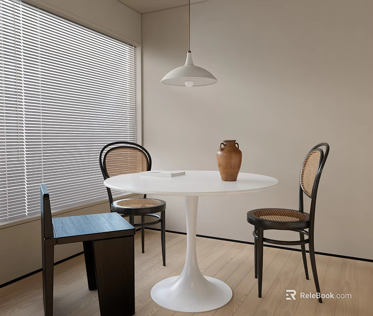 Minimalist Dining Table Set With White Round Table Rattan And Black Chairs Pendant Light 3d model 