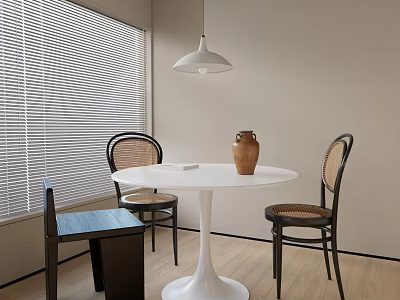 Minimalist Dining Table Set With White Round Table Rattan And Black Chairs Pendant Light 3d model