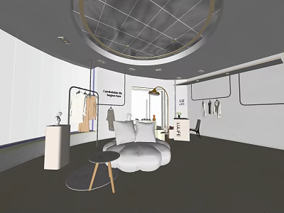 Modern Clothing Store Interior With Curved Ceiling White Walls Displayed Clothes Sofa And Side Table 3d model