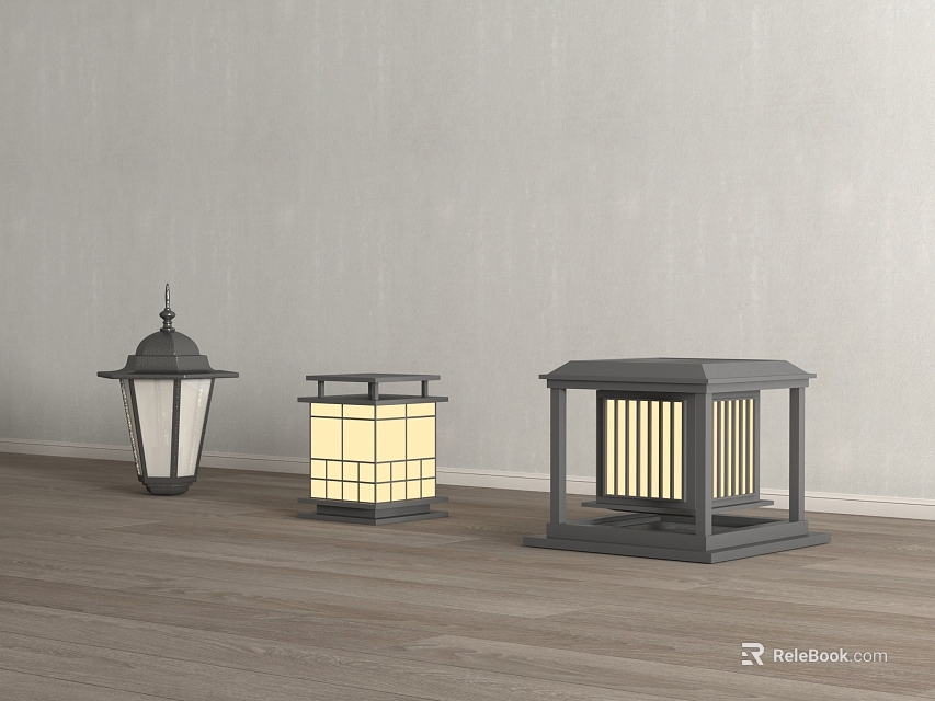 Three Stylish Outdoor Lights With Classic Pointed Top And Modern Grid Design For Exteriors 3d model 