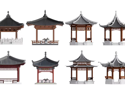 Traditional Chinese Pavilions Various Architectural Styles With Decorative Roofs And Wooden Structures 3d model