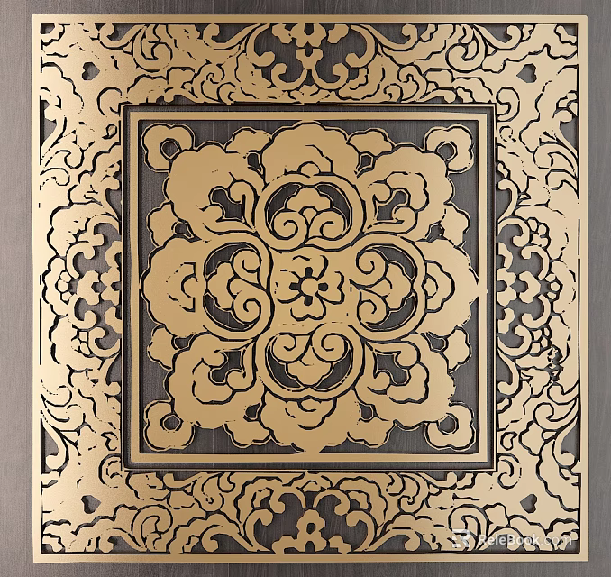 Intricate Decorative Carving With Gold And Black Panel Featuring Central Floral Motifs 3d model 