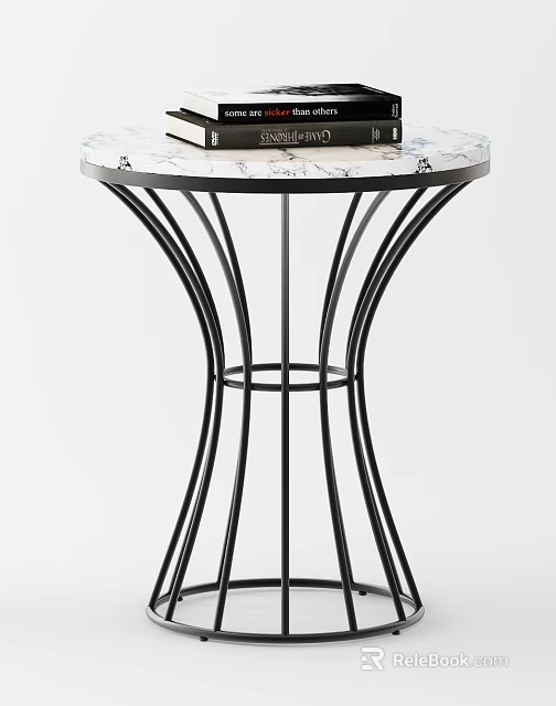 Modern Round Side Table With Elegant Marble Top And Black Metal Base 3d model