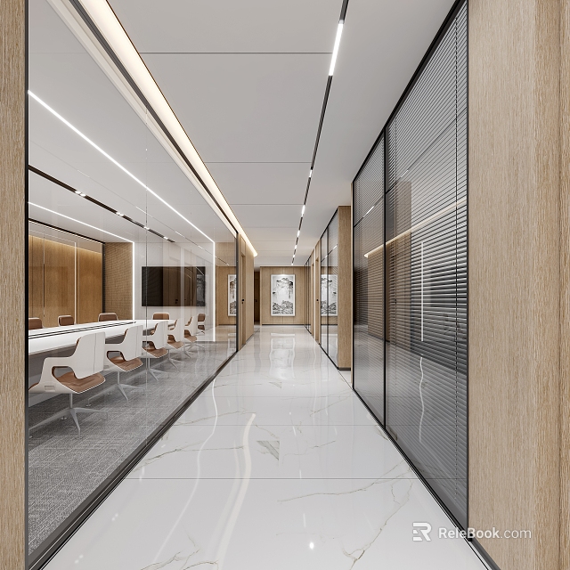 Modern Office Corridor Interior Design With Glass Partitions Wooden Accents And Marble Flooring 3d model 