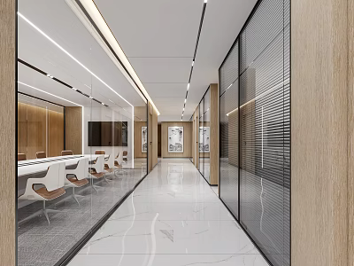 Modern Office Corridor Interior Design With Glass Partitions Wooden Accents And Marble Flooring 3d model