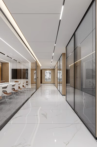 Modern Office Corridor Interior Design With Glass Partitions Wooden Accents And Marble Flooring 3d model