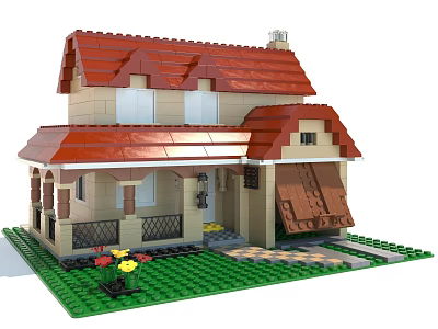 Building Blocks Two Story House With Red Roof Porch Windows Green Lawn And Flowers 3d model