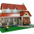 Building Blocks Two Story House With Red Roof Porch Windows Green Lawn And Flowers