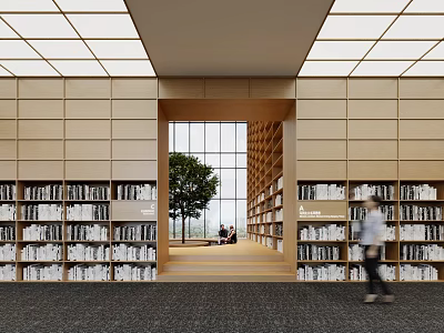 Book Art Themed Library Space Featuring Wooden Bookshelves And Tree View By Large Window With People 3d model
