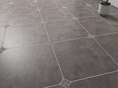 Gray Floor Tiles With White Grout And Decorative Corner Patterns In Indoor Space 3d model
