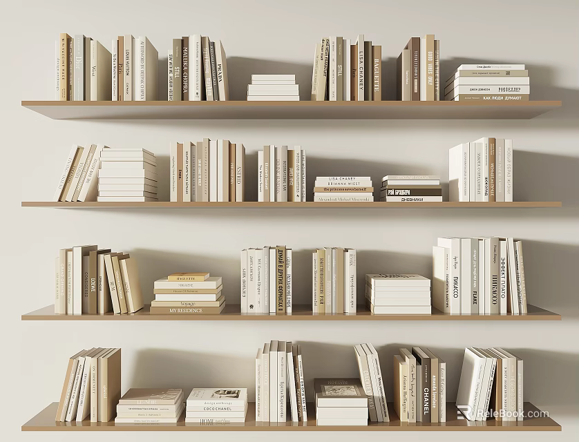 Wooden Bookshelves Displaying Neatly Arranged Books With Various Thicknesses And Colored Spines 3d model 