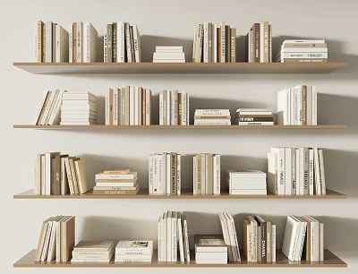 Wooden Bookshelves Displaying Neatly Arranged Books With Various Thicknesses And Colored Spines 3d model