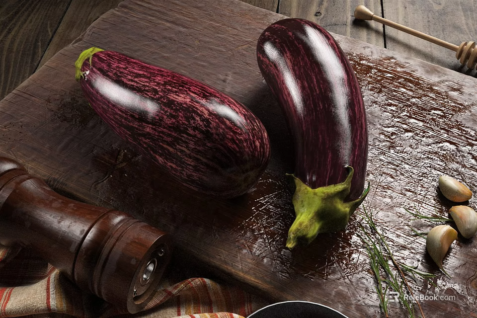 Fresh Purple Eggplants on Wooden Cutting Board With Pepper Grinder Garlic and Herbs 3d model 