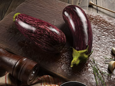 Fresh Purple Eggplants on Wooden Cutting Board With Pepper Grinder Garlic and Herbs 3d model