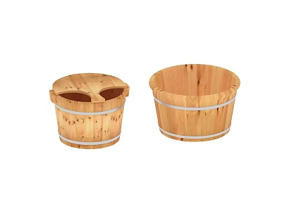 Wooden Bathroom Accessories Including Two Round Buckets With Metal Bands 3d model