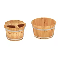Wooden Bathroom Accessories Including Two Round Buckets With Metal Bands