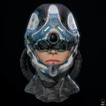 Futuristic Blue And White Helmet With Glowing Green Accents And Circular Lens