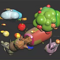 Colorful Toy Animal Characters With Spotted Horse Rabbits Tree Apples Cloud And Flowers