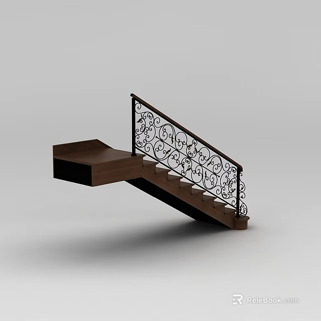 Elegant Wooden Staircase Featuring Black Wrought Iron Railing With Intricate Scroll Designs 3d model 
