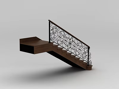 Elegant Wooden Staircase Featuring Black Wrought Iron Railing With Intricate Scroll Designs 3d model